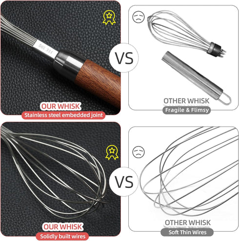 Whisk for Cooking,Stainless Steel Wire Wooden Handle Kitchen Hand Whisk Multi Function Non Stick Balloon Whisk Egg Beater for Blending Whisking Be...
