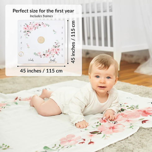 Baby Milestone Blanket | Cotton Muslin Swaddle Blanket | Monthly Photo Mat for Newborn Girl | Cherry Blossom Flowers| Personalised Baby Shower Pre...