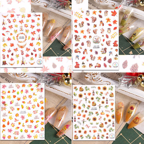 Fall Nail Art Stickers 3D Self-Adhesive Thanksgiving Nail Art Supplies Maple Leaf Nail Stickers Pumpkin Leaf Squirrel Sunflower Flower Designs Nai...