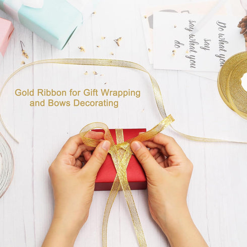 50 Yards Gold Glitter Ribbon 3/8 Inch, Sparkly Thin Solid Fabric Ribbon for Gift Wrapping, Crafts, Holiday Wedding Birthday Party Decoration Flora...