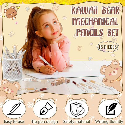 Sabary Kawaii Mechanical Pencil Set Include Bear Mechanical Pencils with Tubes 0.5 mm Pencil Refills Cute Erasers First Day of School Supplies Bac...