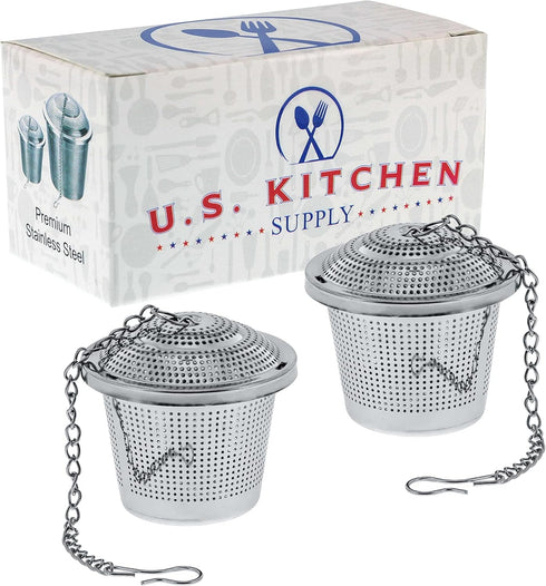 U.S. Kitchen Supply - 2 Premium Stainless Steel Tea Ball Strainer Infusers - 2" Size with Micro Perforated Mesh - Steep Loose Leaf Tea, Herbal, Sp...