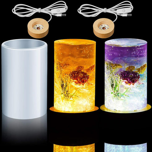 Honoson 3 Pieces Cylinder Light Resin Silicone Mold Set, Include Resin Mold and USB Powered Wooden Lighted Base Stand for DIY Table Candle Desktop...