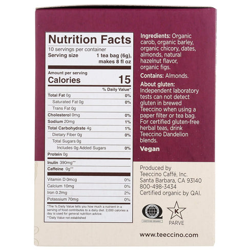 Teeccino Hazelnut Roasted Herbal Tea - Caffeine Free, Prebiotic, 3x More Herbs - 10 Tea Bags...