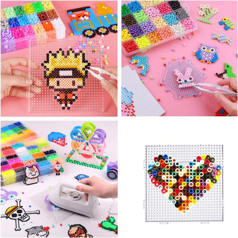 Allazone 5 mm 10 Pack Fuse Beads Boards, Large Round Square Clear Plastic Pegboards with 6 PCS White Beads Tweezers, 10 PCS Ironing Paper and Keyc...