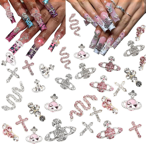 30 Pcs Nail Charms Pink Y2k Chrome Nail Art Rhinestone Charms 3D Cross Snake Saturn Shape with Rhinestones Planet Nail Gems Shiny Jewelry Nail Dec...
