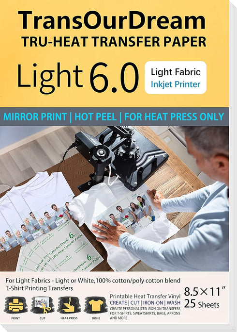 TransOurDream Heat Transfer Paper for Heat Press (25 Sheets, 8.5x11", Light 6.0) Printable Heat Transfer Vinyl for T Shirts Iron on Transfers for ...