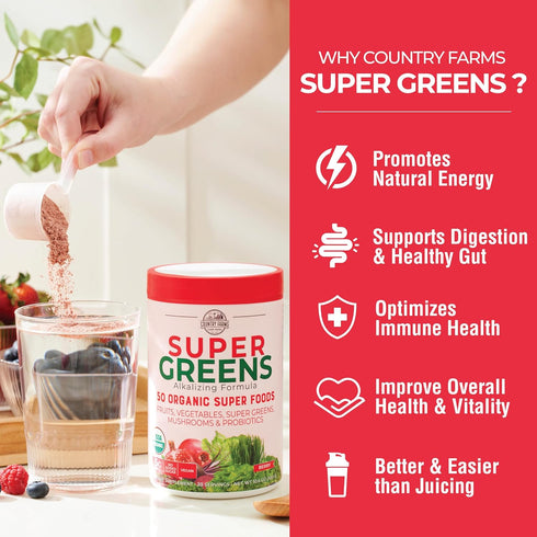 Country Farms Organic Super Greens Berry Flavor, 50 Organic Super Foods, Packed with Fiber, USDA Organic Drink Mix, Fruits, Vegetables, Mushrooms ...
