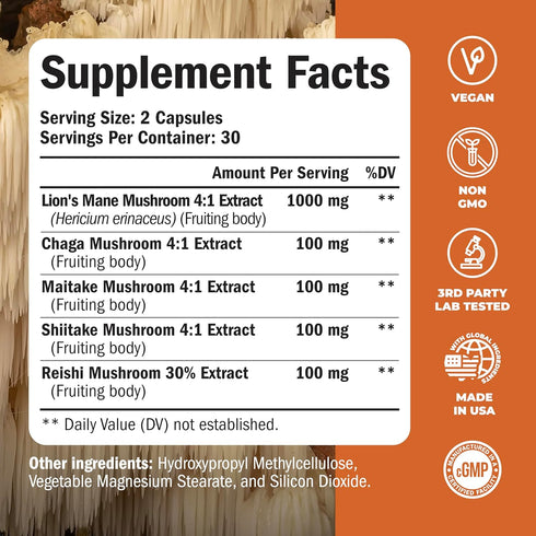 Lions Mane Supplement Capsules - Mushroom Supplement with Shiitake Mushrooms, Reishi Mushroom, Maitake Mushroom & Chaga. 60 High Potency Lion’s Ma...