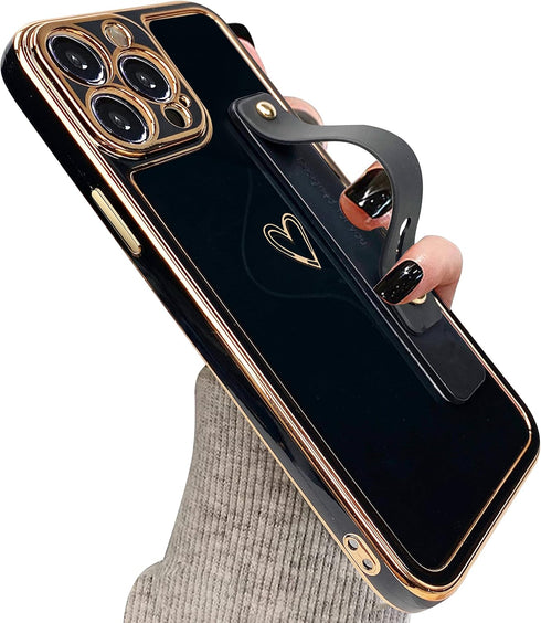 KANGHAR Designed for iPhone 13 Pro Max Case with Strap Luxury Love Heart Plating Gold Bumper Phone Cover Wristband Kickstand Full Body Protective ...