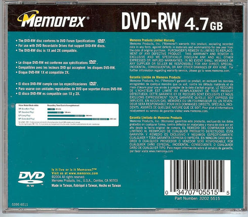 Memorex DVD-RW 4.7 GB data 1X - 2X or 120 minute video...