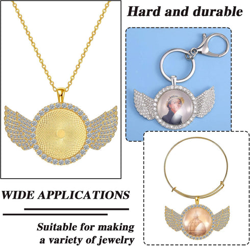 27 Pieces Rhinestone Wing Bezel Pendant Trays and Glass Cabochons and Lobster Clasps Chains Rhinestone Bezel Pendant Trays Set for DIY Jewelry Cra...