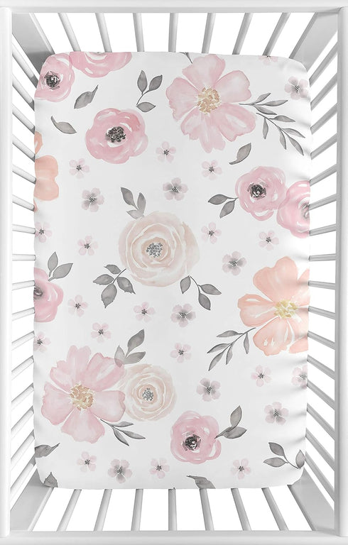 Sweet Jojo Designs Baby Mini Crib Sheets (Pink/Grey Boho Floral) for Girls, Infant Nursery, Toddler Room - Fitted Portable Pack and Play Size Matt...