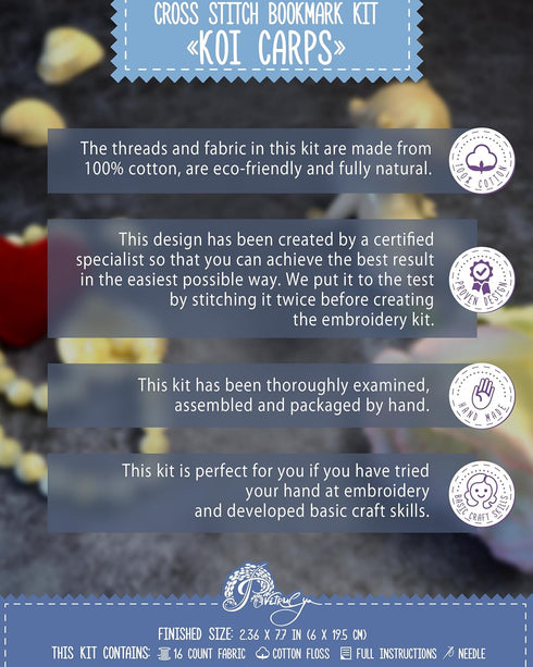 Povitrulya Koi Carp - Counted Cross Stitch Bookmark Kit - Embroidery Set for Adults with Paper pattern, 16-count Aida Canvas and Presorted Floss -...