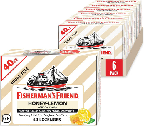 Fisherman's Friend Cough Drops, Cough Suppressant and Sore Throat Lozenges, Sugar Free Honey-Lemon, 5.52mg Menthol, 240 Drops (6 Packs of 40)...