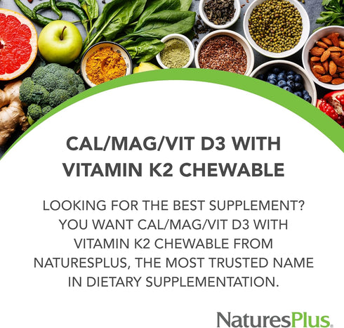 NaturesPlus Cal/Mag/VIT D3 with Vitamin K2-60 Chewable Tablets - Chocolate Flavor - Calcium, Magnesium, Vitamin D3 & K2 Bone Health Support Supple...