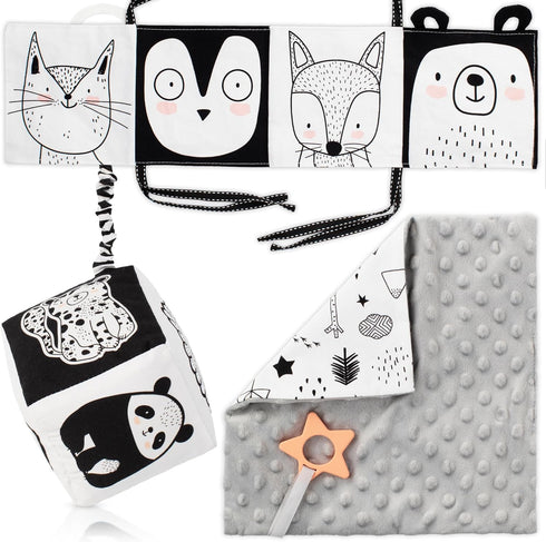 The Ultimate Tummy Time Toys Set of 3 - Soft High Contrast Book, Toy Block, Crinkle Paper and Teether - Stimulating Black & White Sensory Developm...