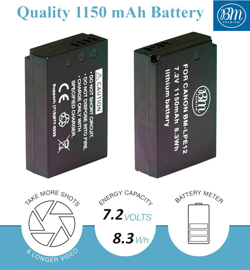 BM Premium LP-E12 Battery and Charger Kit for Canon EOS-M, EOS M2, EOS M10, EOS M50, EOS M50 Mark II, EOS M100, EOS M200, SX70 HS, Rebel SL1 Camer...