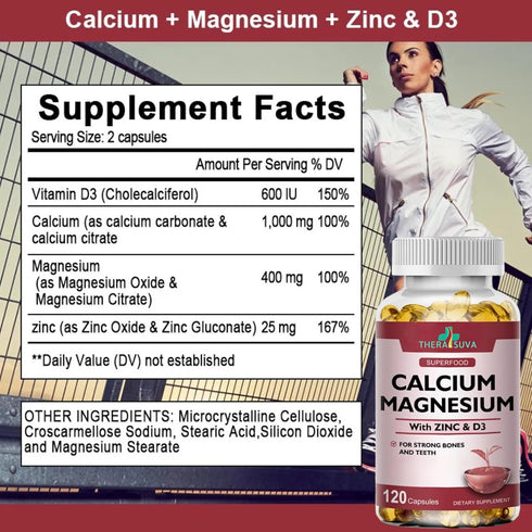 Extra Strength 4-in-1 Calcium + Magnesium + D3 + Zinc Supplement Complex for Bone and Immune Health. 120 SoftGels, 60 Day Supply...