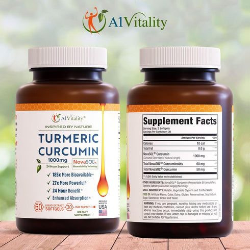 Turmeric Curcumin NovaSOL 1000mg - Nature's Joint Support Herbal Supplements - 185x Bioavailable Than Standard Curcumin - Natural Softgels...