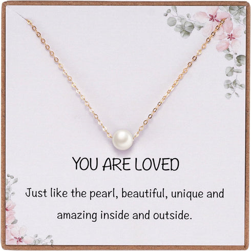 8mm Dainty Single Pearl Necklace for Women, You are Loved Minimalist Simple Floating Pearl Necklace Affirmation Gifts, Birthday Christmas Bridesma...