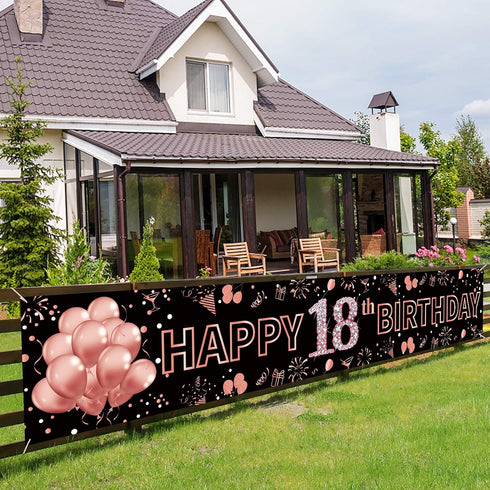 Pimvimcim 18th Birthday Decorations for Girls, Happy 18th Birthday Banner Rose Gold and Black 18 Year Old Birthday Decorations Party Supplies (9.8...
