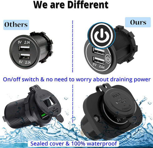 Dual USB Socket 12V Marine Outlet with Switch Golf Cart USB Port 12 Volt DC Car Charger Mount Waterproof Cigarette Lighter Power Adapter DIY Kit F...
