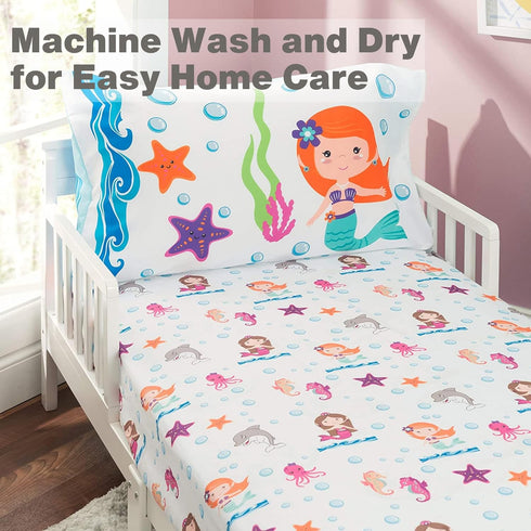 EVERYDAY KIDS Toddler Fitted Sheet and Pillowcase Set -Undersea Mermaids Adventure- Soft Breathable Microfiber Toddler Sheet Set...