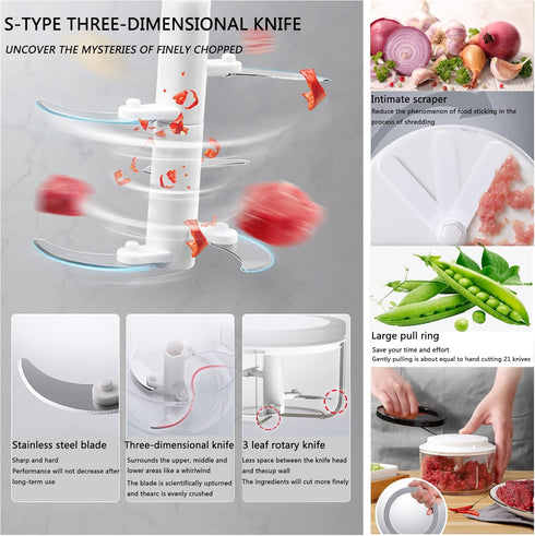 Manual Food Chopper Vegetable Chopper, ZWCEGND 550ML Garlic Mincer Hand Pull String Onion Cutter with Big Pull Ring for Veggies, Meat, Ginger, Pep...