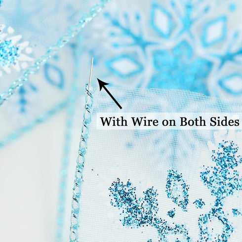 HUIHUANG Snowflake Glitter Wired Ribbon, Blue and White Snowflake Ribbon for Christmas Tree, 2-1/2" x 25 Yards Christmas Ribbon for Tree, Bows Mak...