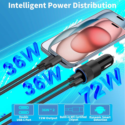 ?MFi Certified?iPhone Car Charger Fast Charging, Braveridge 72W Dual PD Car Power Cigarette Lighter USB-C Car Charger+Lightning&Type-C Braided Cab...