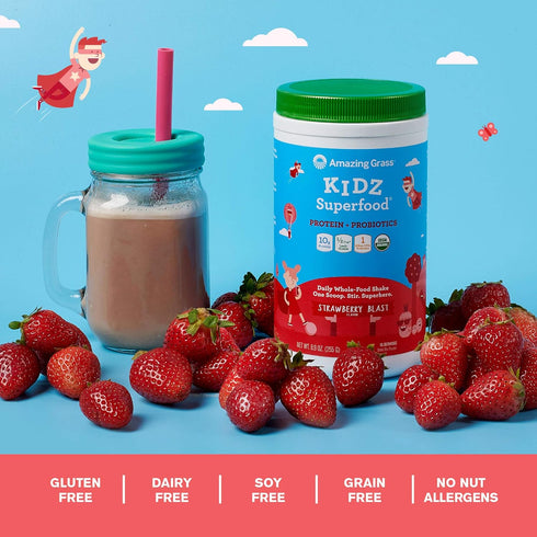 Amazing Grass Kidz Superfood: Vegan Protein & Probiotics for Kids with Beet Root Powder & 1/2 Cup of Leafy Greens, Strawberry Blast, 15 Servings...