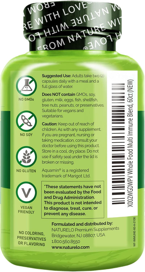 NATURELO Whole Food Multivitamin + Immune Blend with Elderberry & Mushrooms - Complete Multivitamin with Extra Immune Support - C, D3, Zinc, Elder...