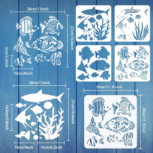FINGERINSPIRE 4 Pcs Layered Ocean Fish Stencil 11.8x11.8 inch Sea Ocean Creatures Stencil Template Plastic Coral Fish Conch Shell Pattern Painting...