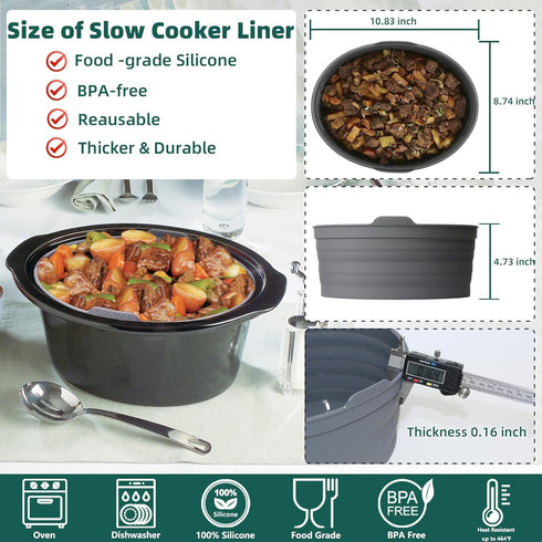 Slow Cooker Liners, Foldable Reusable Silicone Cooking Liners Compatible with Crock-Pot & Hamilton Beach Oval 6-7 QT, Leakproof Dishwasher Safe Sl...