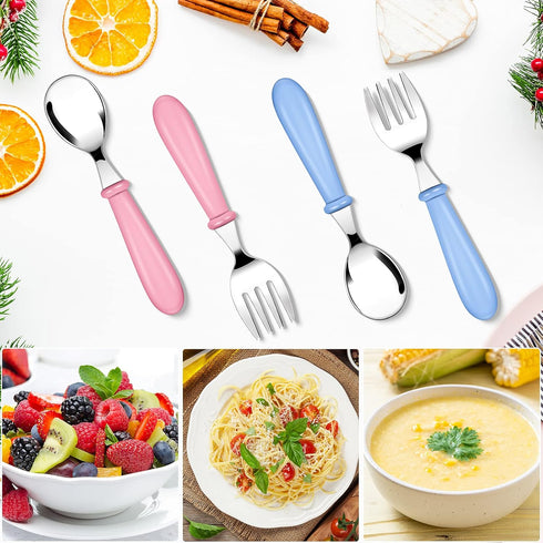 Honeydak 12 Pieces Toddler Utensils Kids Fork and Spoon Silverware Set colored Stainless Steel Safe Flatware Round Handle Utensils Baby Cutlery me...