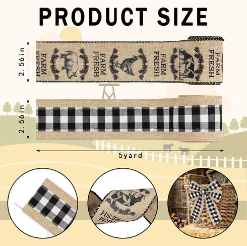 2 Roll 10 Yards Farm Ribbons, 2.5" Rooster Wired Edge Burlap Ribbon Black White Buffalo Plaid Ribbon Farm Fresh Gift Wrapping Ribbon for Home Part...