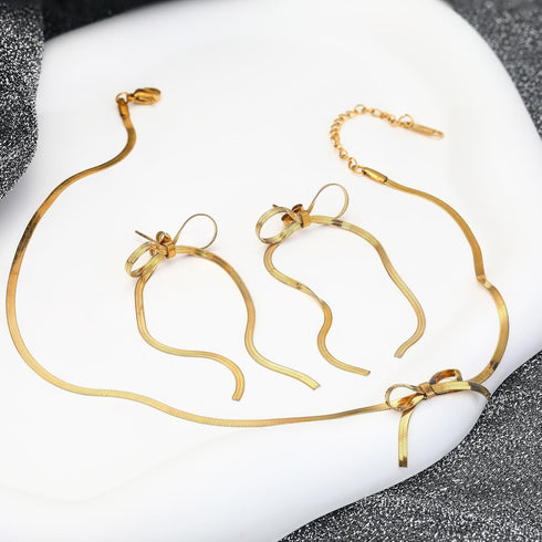 Dainty Gold Bow Ribbon Knot Jewelry Set with Stud Earrings Choker Necklace Bracelet for Women, Y2K Girly Cute Classic Snake Chain Bowknot Balletco...