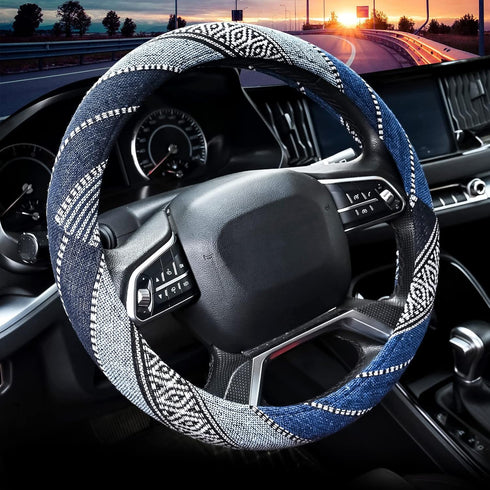 Valleycomfy Cloth Steering Wheel Covers for Women Bohemian Universal 15 inch Baja Blanket Enthic Blue...