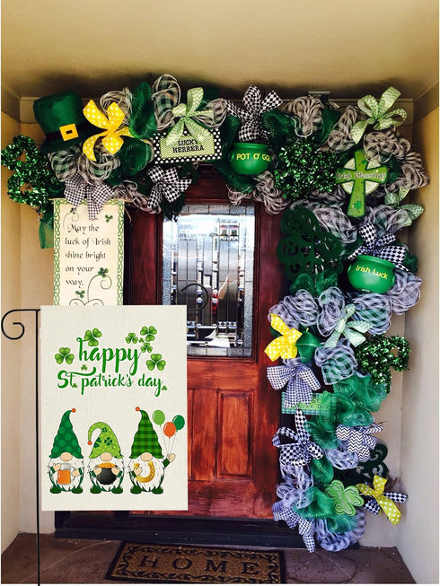 Happy St Patrick’s Day Garden Flag Gnomes for Outside Yard 12 x 18 Inch Double Sided Burlap Saint Patty’s Day Flags St Patricks Gnome Outdoor Deco...