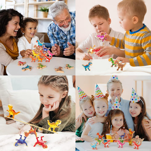 14-Piece 3-Inch Wooden Dinosaur Stacking Toys for Kids 3-7, STEM Educational Party Favors...