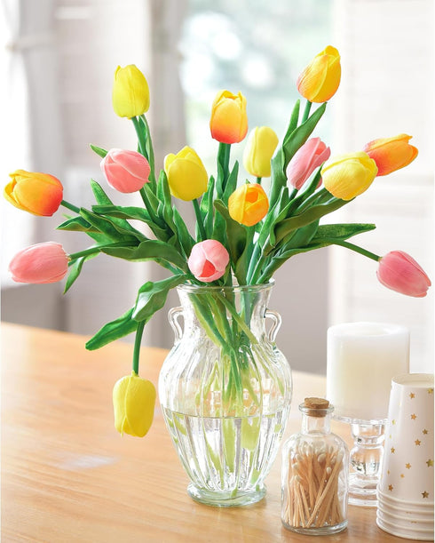 FiveSeasonStuff 15 Stems Real Touch Artificial Tulips – Lifelike Faux Flowers for Home, Weddings, Gifts & Spring Floral Décor (Festive Bloom – Ora...