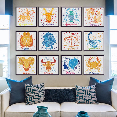 FINGERINSPIRE 12 pcs Constellation Stencil 11.8x11.8inch Reusable Zodiac Symbols Painting Template DIY Craft Astrological Decoration Stencil for P...