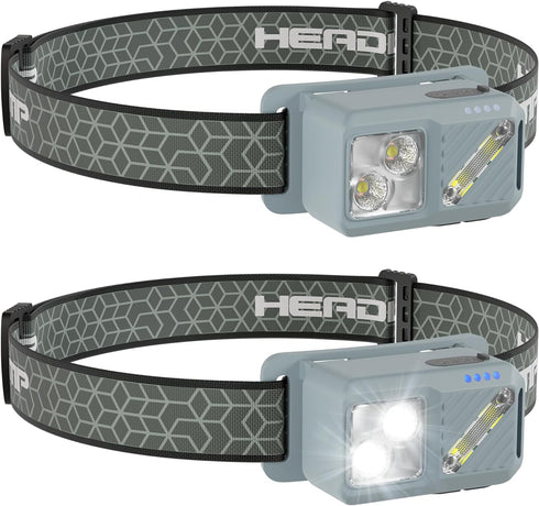 Grey Rechargeable LED Headlamp, 2 Pack 2500 Lumen Head Lamp with Motion Sensor, 7 Modes Bright Head Light, USB Recharge Flashlight Camping Accesso...