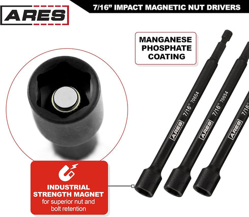 ARES 27010-3-Piece 7/16-Inch Magnetic Impact Nut Driver Bit Set - 6-Inch Length - Impact Grade Nut Setters with Industrial Strength Magnets...