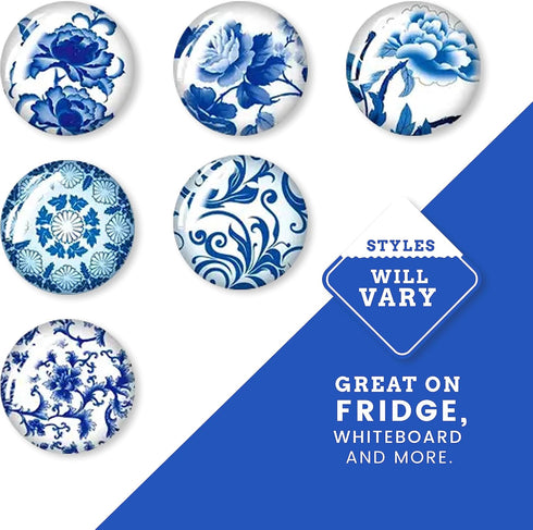 Jolitee Blue and White Chinoiserie Glass Magnets, Strong Kitchen Refrigerator Magnets, Small Decorative Magnets for Whiteboard Cabinets, Cute Frid...