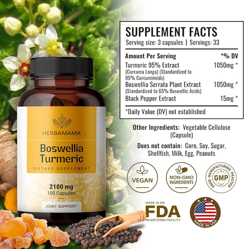 Boswellia Turmeric Capsules - Joint, Digestion & Brain Support Herbal Supplements w/Organic Herb Extract of Black Pepper | Vegan, Gluten Free, Non...