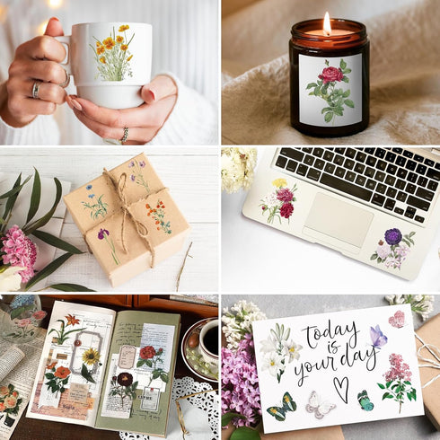 Knaid 100 Pieces Vintage Flower Stickers Set - Big 3.4" Waterproof Clear Botanical Floral Journaling Sticker for Scrapbooking Junk Journal Supplie...