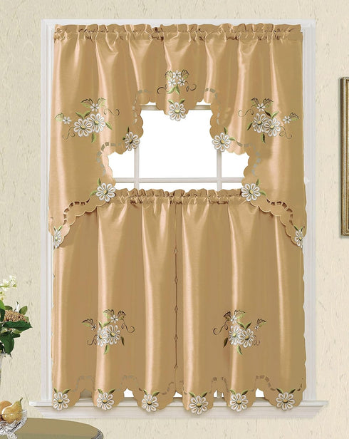 GOHD Cutwork Floral. Kitchen Curtain Set. Swag Valance and Tier Set. Nice Embroidery on Faux Silk Fabric with cutworks. (Bronze)...