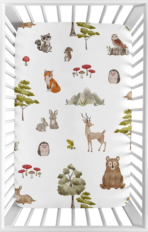 Sweet Jojo Designs Woodland Forest Animals Boy Girl Gender Neutral Unisex Fitted Mini Crib Sheet Baby Nursery Infant Newborn Bed Room Portable Pac...